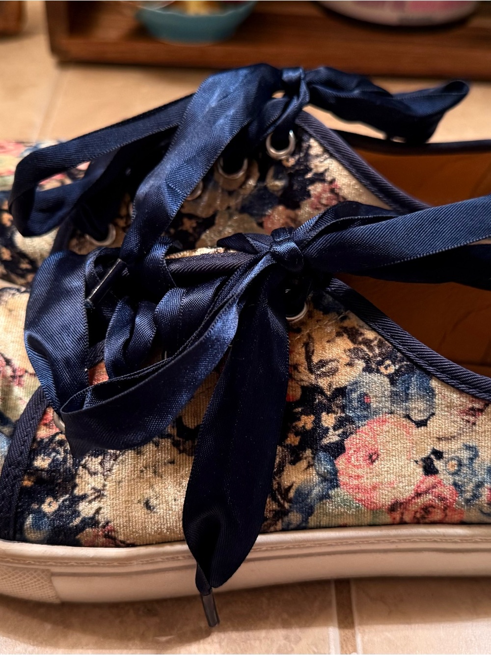 Dirty Laundry Navy Floral Canvas Ribbon Lace-Up Sneakers velvet feeling